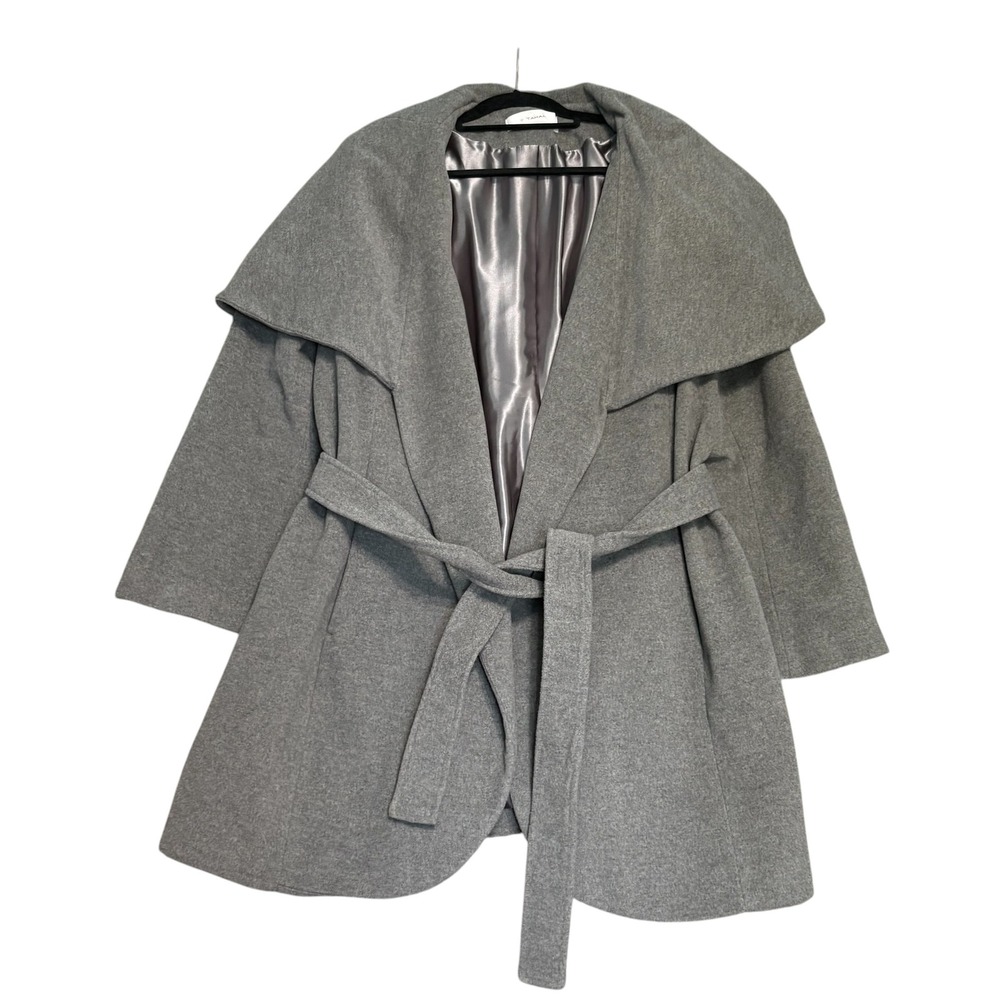 Tahari Wool Blend Wrap Coat Womens Large Gray Cashmere Wool Shawl Collar Belted